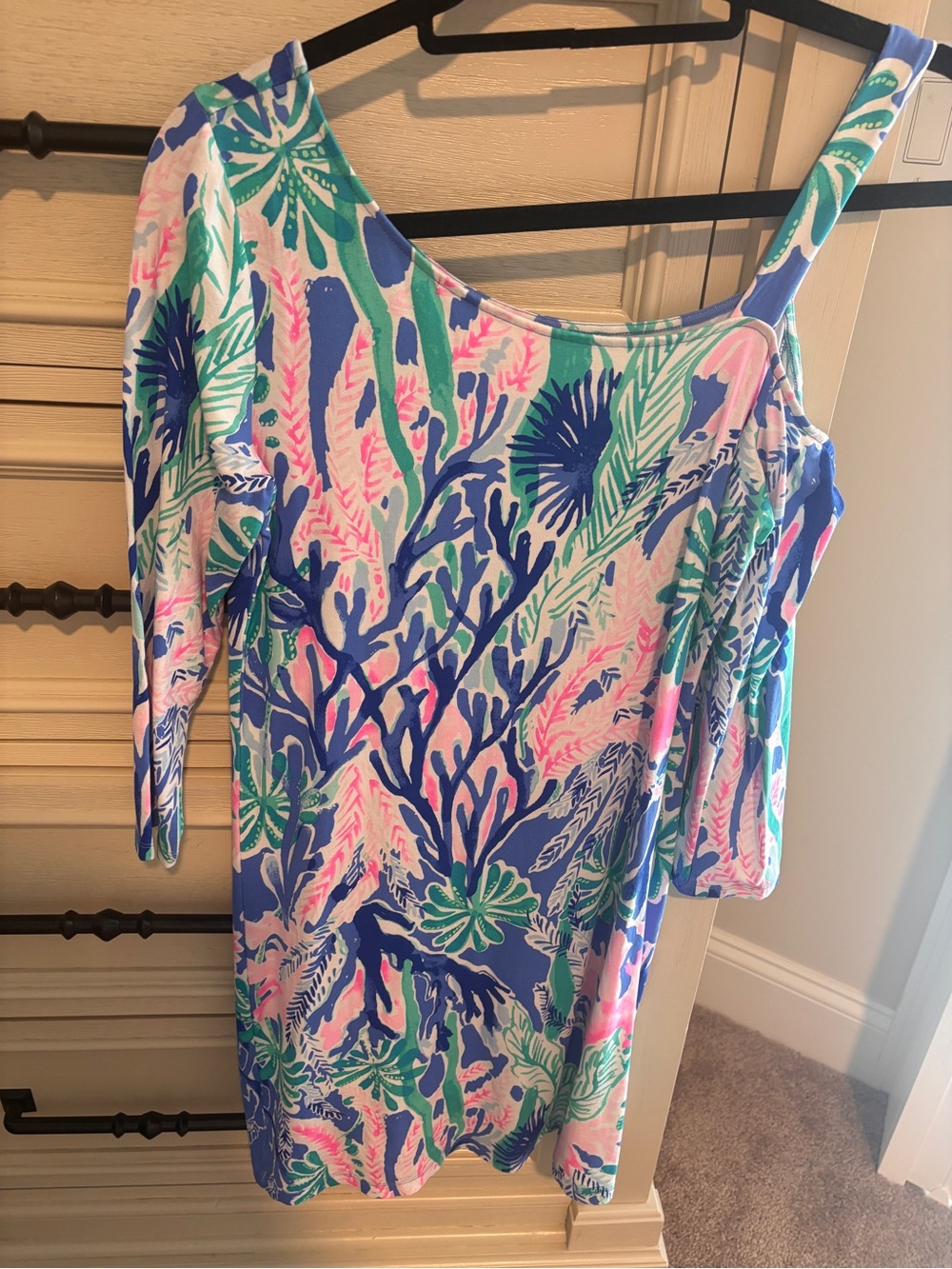 Lilly Pulitzer One-Shoulder Tropical Print Dress in Blue, Pink & Green